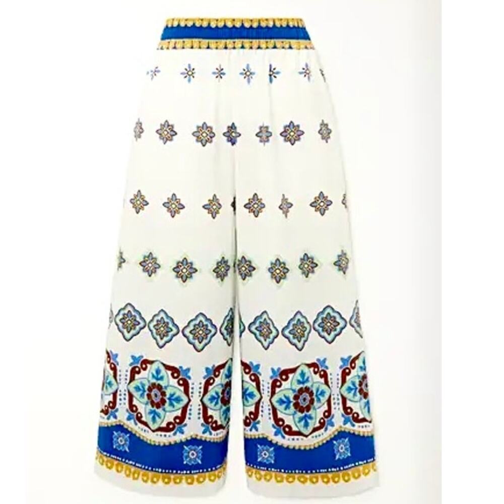NWT La DoubleJ White Blue Printed Cropped Cotton-Poplin Wide Leg Crop Pant L